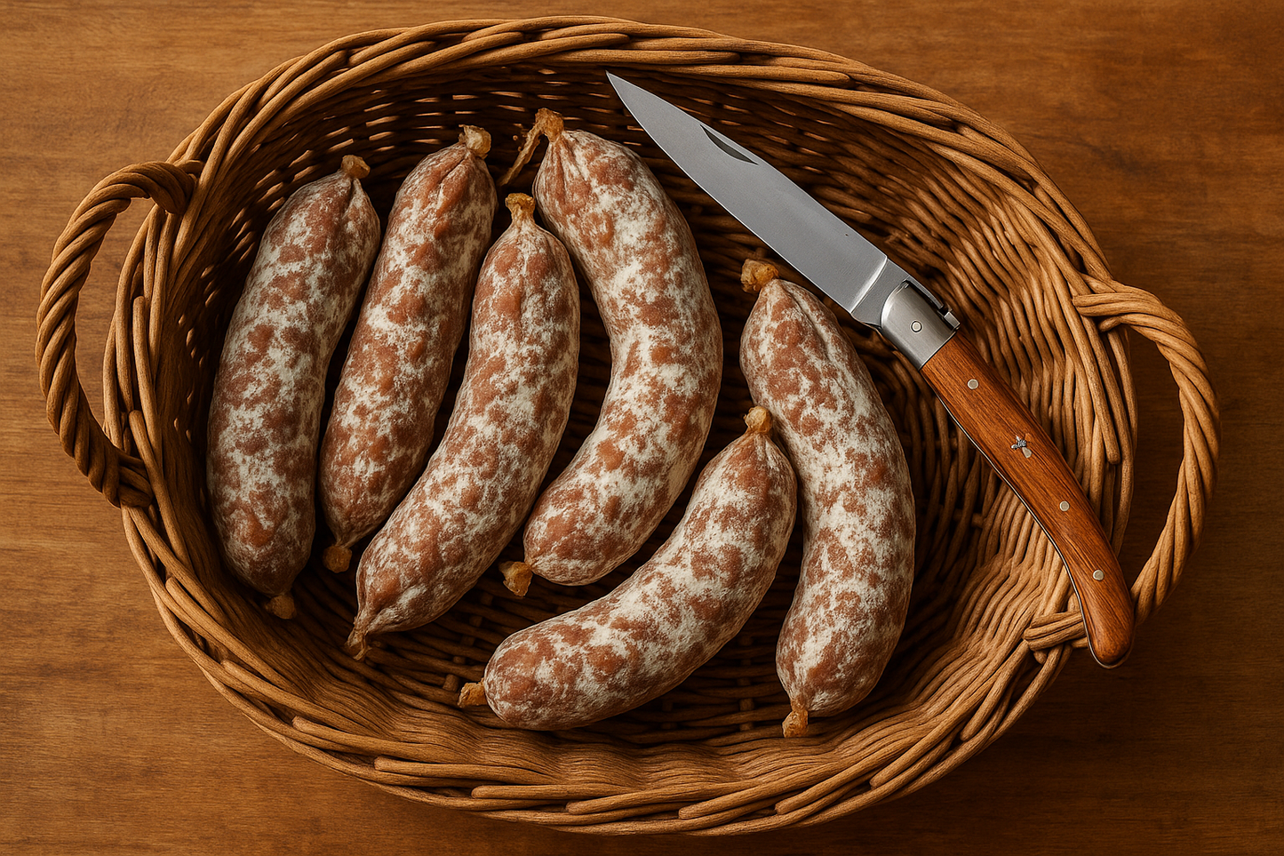 corbeille avec 6 saucissons et 1 couteau de la marque laguiol